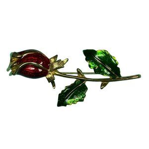 Red Rose Enamel Gold tone Womens Brooch with Green Enamel Leaves